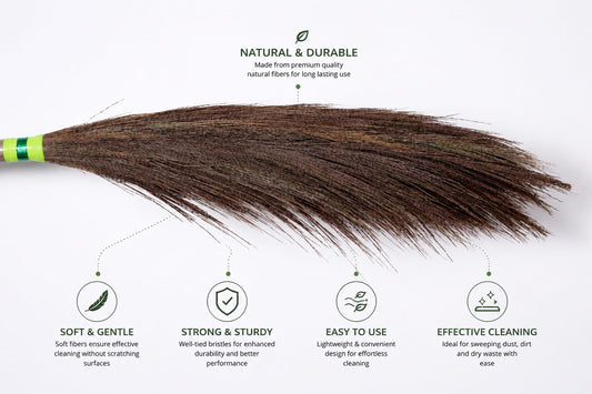 Dusty Might Long Handle Grass Broom with Durable Plastic Grip Handle for Home & Outdoor Cleaning