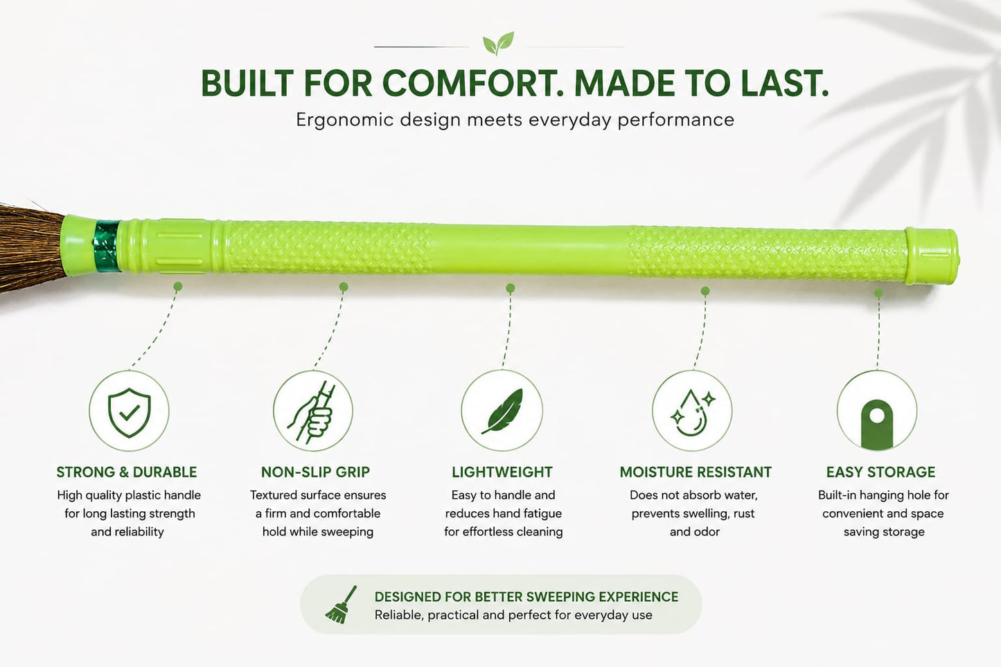 Dusty Might Long Handle Grass Broom with Durable Plastic Grip Handle for Home & Outdoor Cleaning